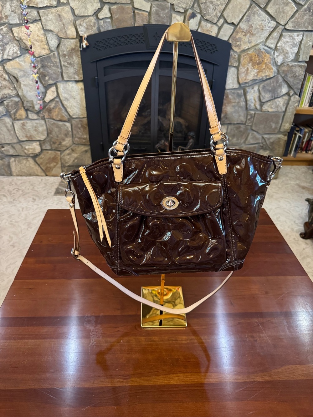 Coach 13178 - Chocolate Patent Embossed Signature Turnlock Tote (2007) - Picture 1 of 14